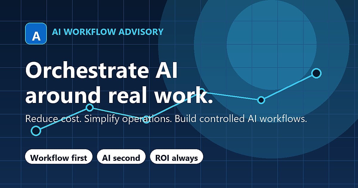 AI workflow advisory visual showing governed work, evidence, and accountable decisions