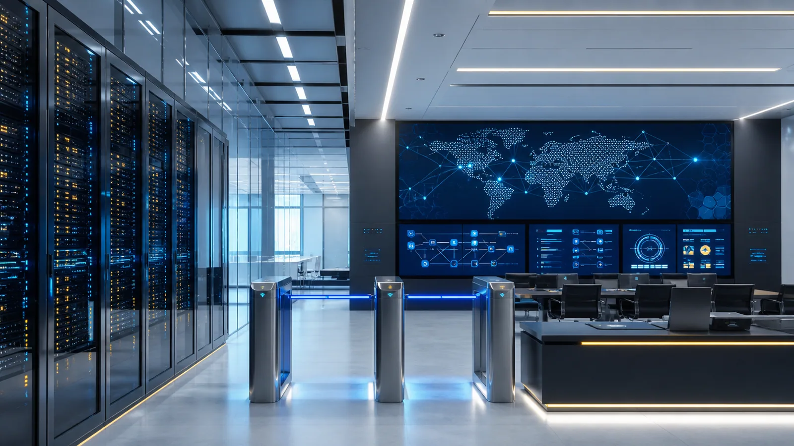 Cybersecurity response architecture with server infrastructure, global network signals, and control pathways