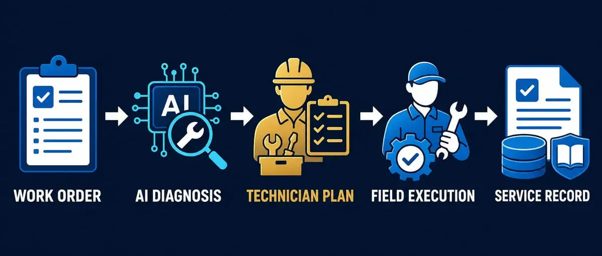 Field service and work-order reporting orchestration flow from business signal through AI support, human review, action, and learning