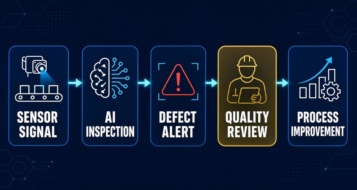 AI workflow advisory visual showing governed work, evidence, and accountable decisions