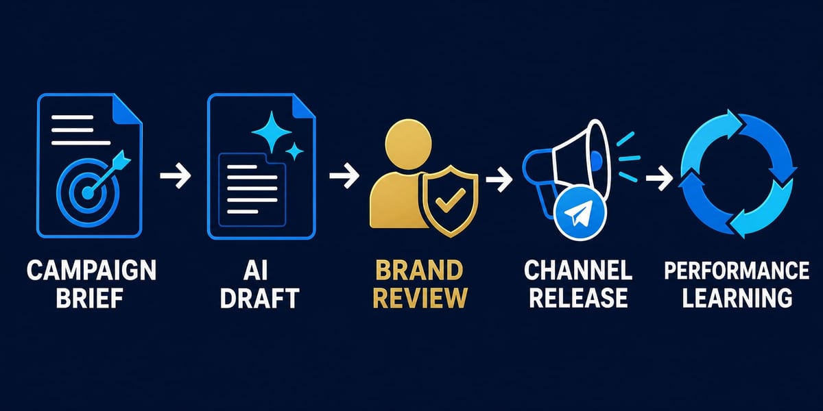 AI workflow advisory visual showing governed work, evidence, and accountable decisions