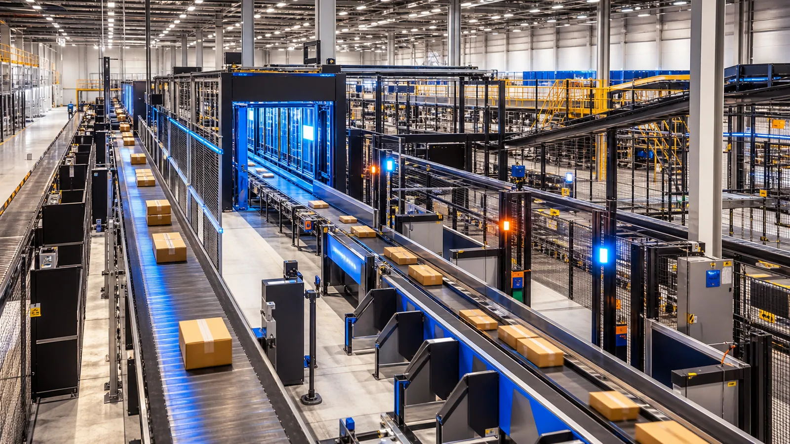 Automated e-commerce fulfillment routing across conveyors, scanners, and parcel control points