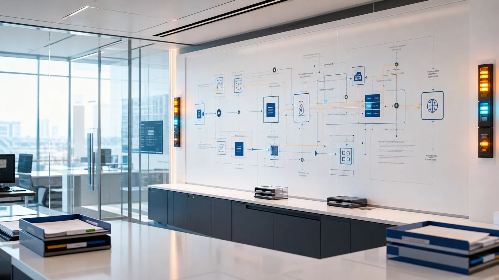 Bright financial-services risk architecture room showing evidence, review, and decision pathways
