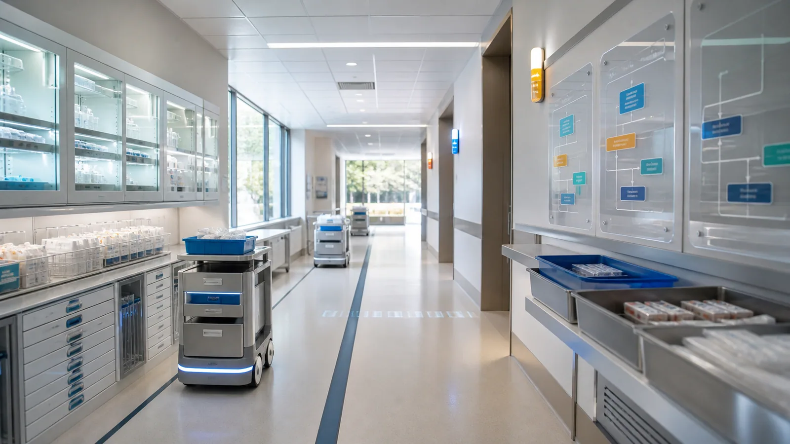 Bright hospital operations corridor showing supply routing, workflow signals, and controlled handoffs
