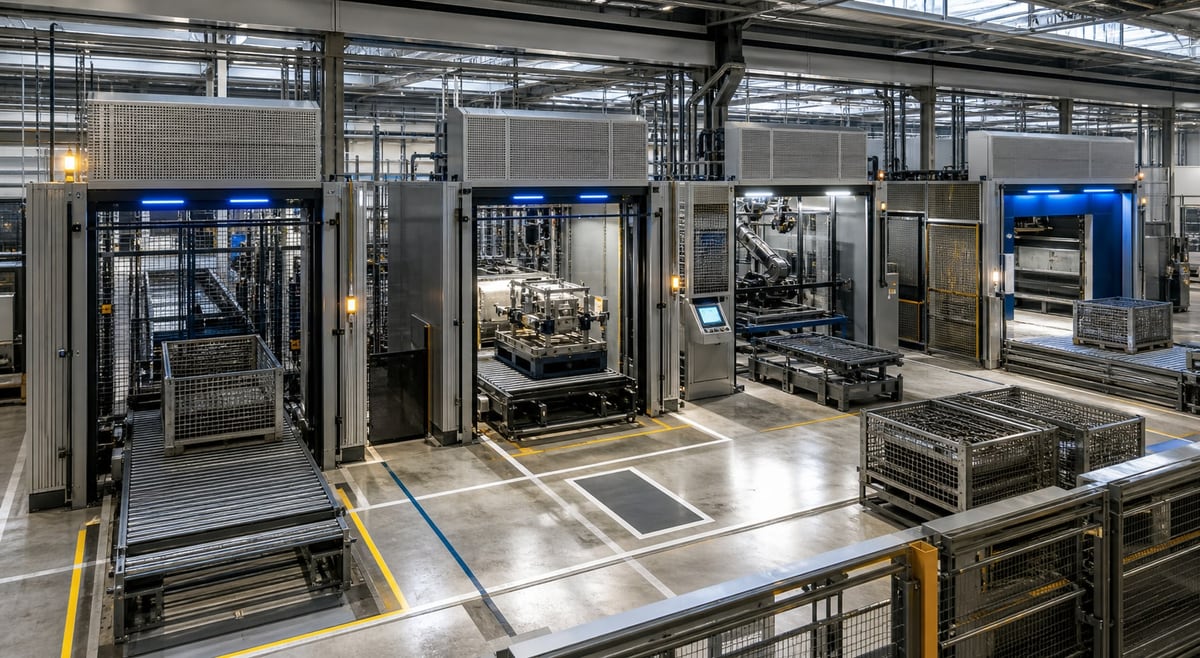 Industrial production cells showing four controlled stages from intake through measured output