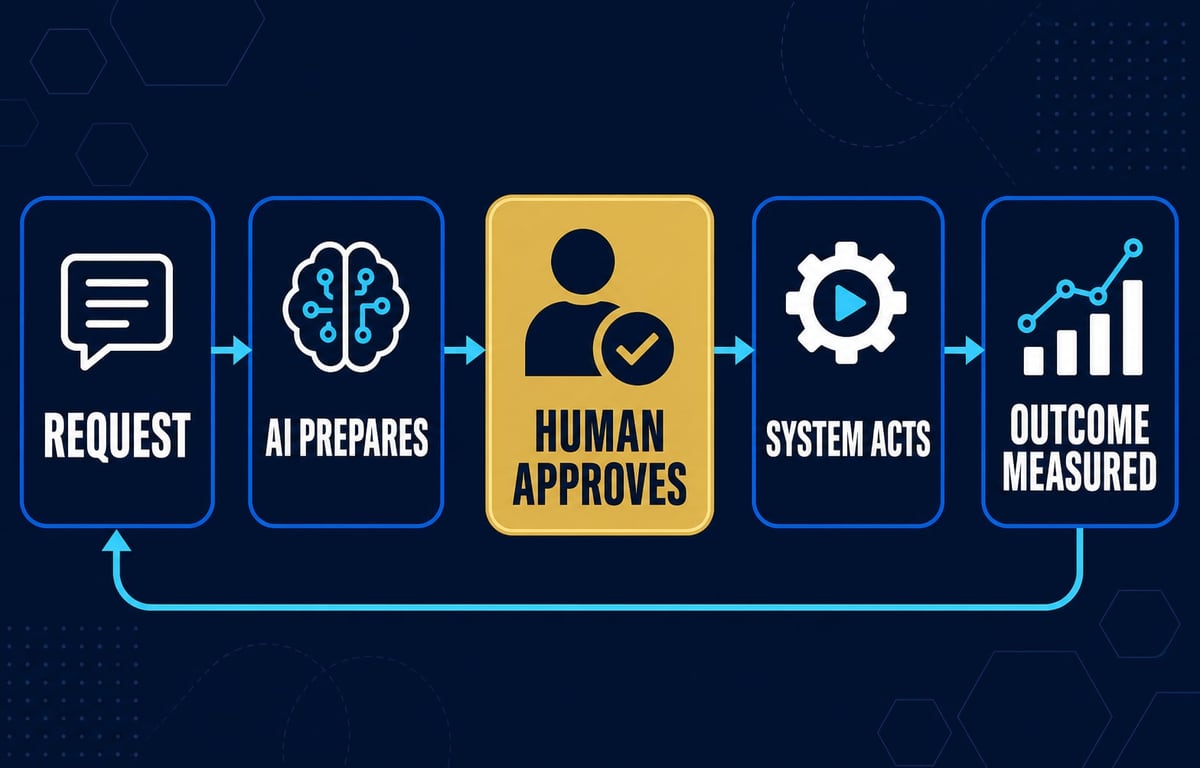 Human-control loop connecting AI recommendations, review gates, action, and measured learning