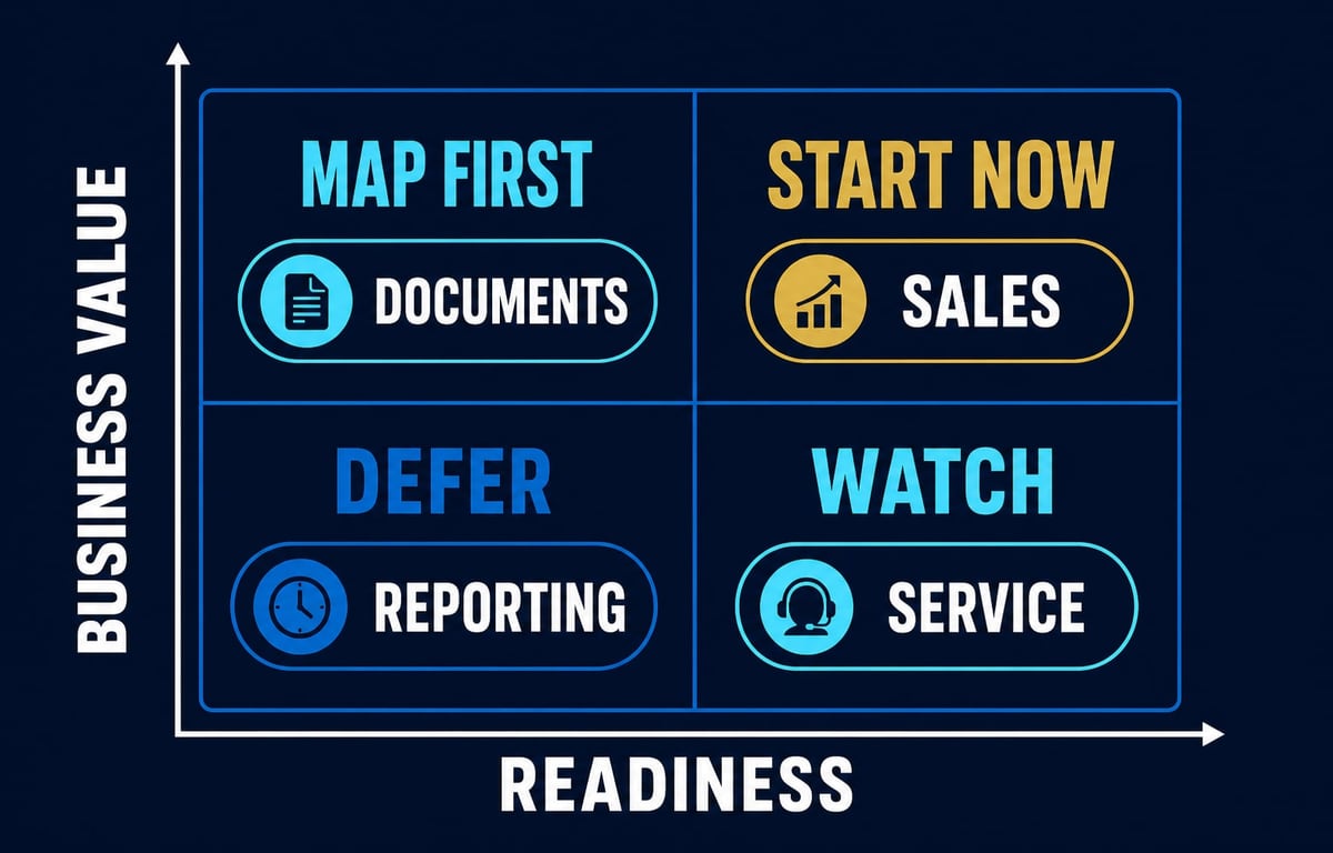 AI workflow opportunity map comparing business value, effort, risk, and reviewability