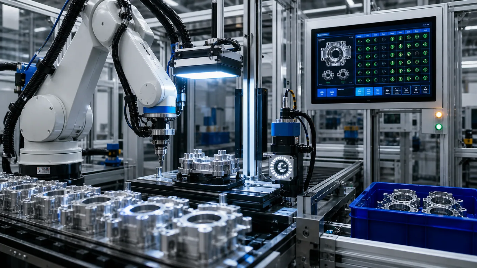Automated manufacturing quality cell with robotic inspection, precision components, and machine-vision controls