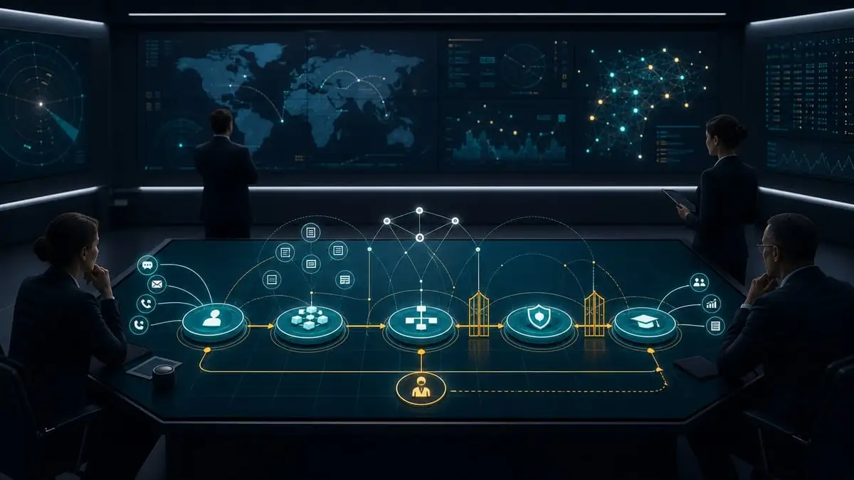 A coordinated command-post operating picture linking customer signals, trusted context, policy gates, action, and human escalation.