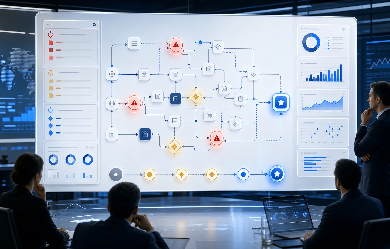 AI workflow diagnostic triage map highlighting bottlenecks, priority points, and a first controlled pilot path