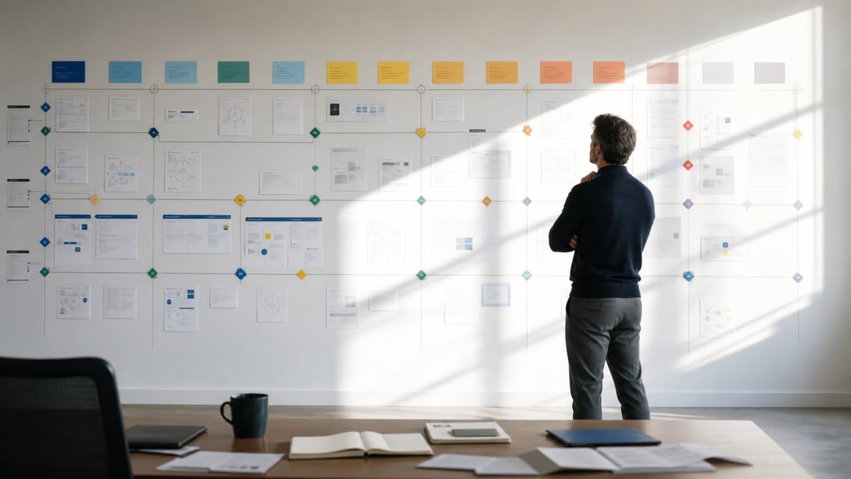 AI workflow advisory visual showing governed work, evidence, and accountable decisions